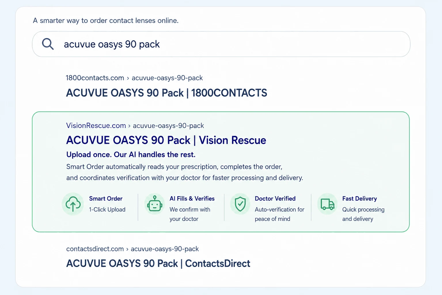 A search for acuvue oasys 90 pack showing 1800contacts.com, Vision Rescue and contactsdirect.com side by side