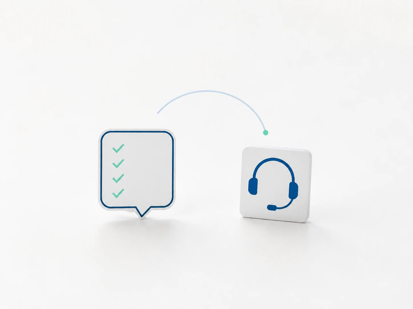 A speech bubble holding four check marks beside a headset, with a short arc suggesting a brief span of time