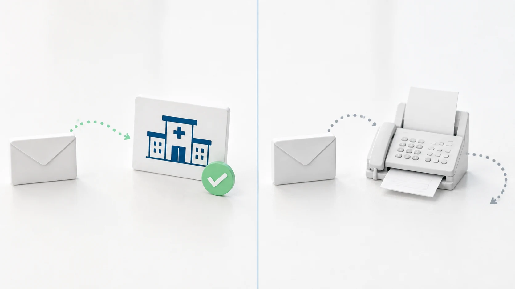 A verification request arriving at a practice card with a green check, beside a faded request going to a disconnected fax machine