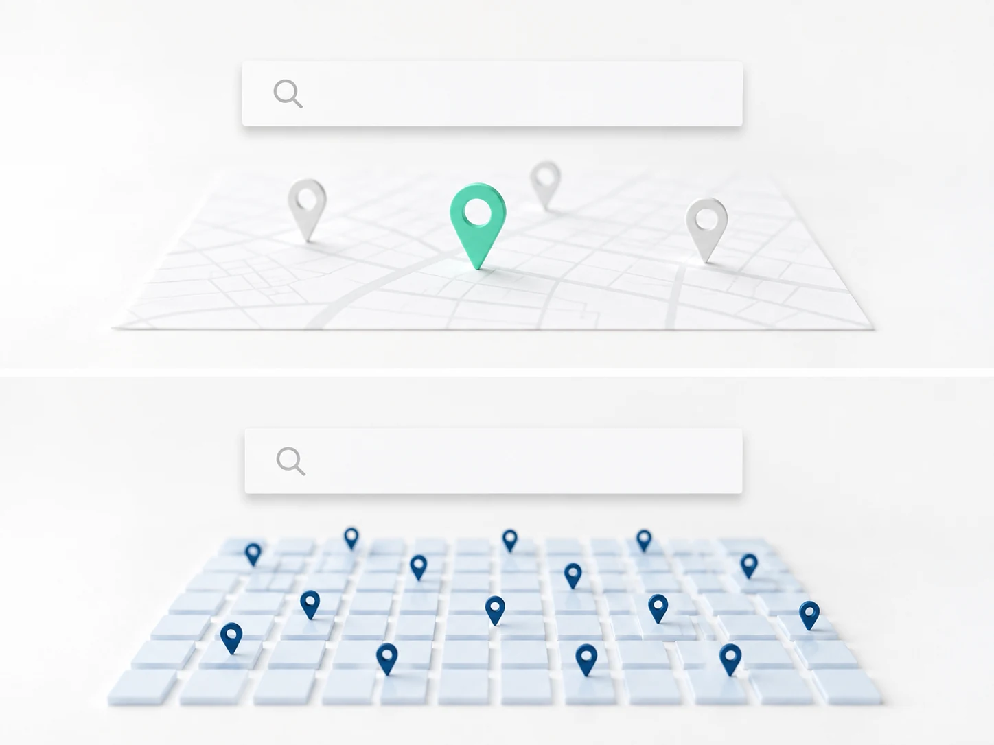 A local search over a map with one highlighted pin, above a national search over a grid of fifty tiles with many competing pins