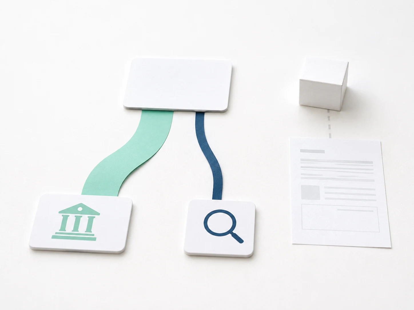 One payment splitting into a wide green stream to a bank and a narrow navy stream to a search icon, with a separate dashed line from a shipping box to an invoice