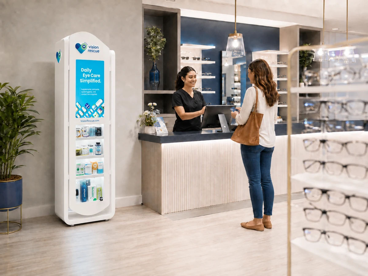 The Vision Rescue slim display in a practice optical area, stocked with drops and supplements, while a patient is served at the counter