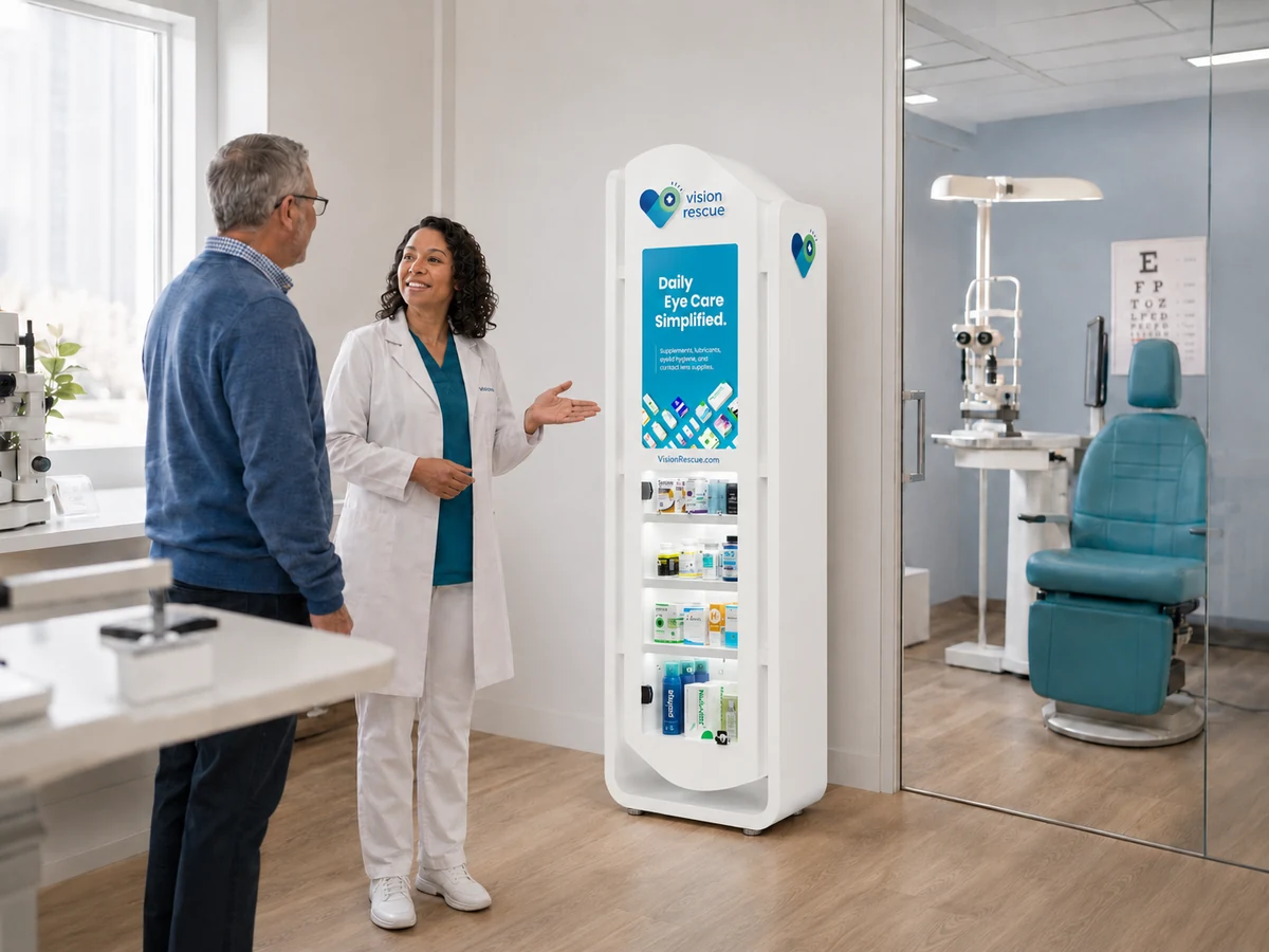 A doctor in a white coat showing the Vision Rescue slim display to a patient beside an exam lane