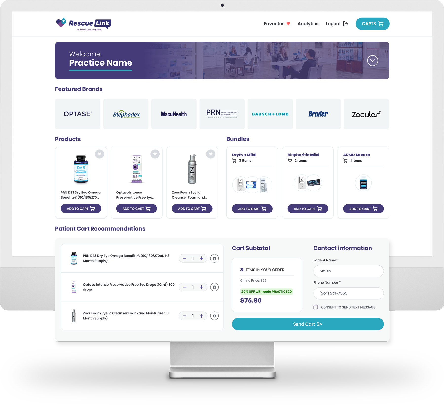 The RescueLink dashboard on a front desk computer, showing featured brands, individual products, saved bundles and the patient cart ready to send