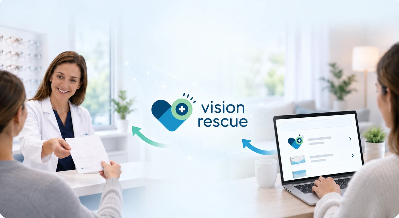 An optometrist hands a patient her contact lens prescription while the same patient reorders online, the order routing back to the practice