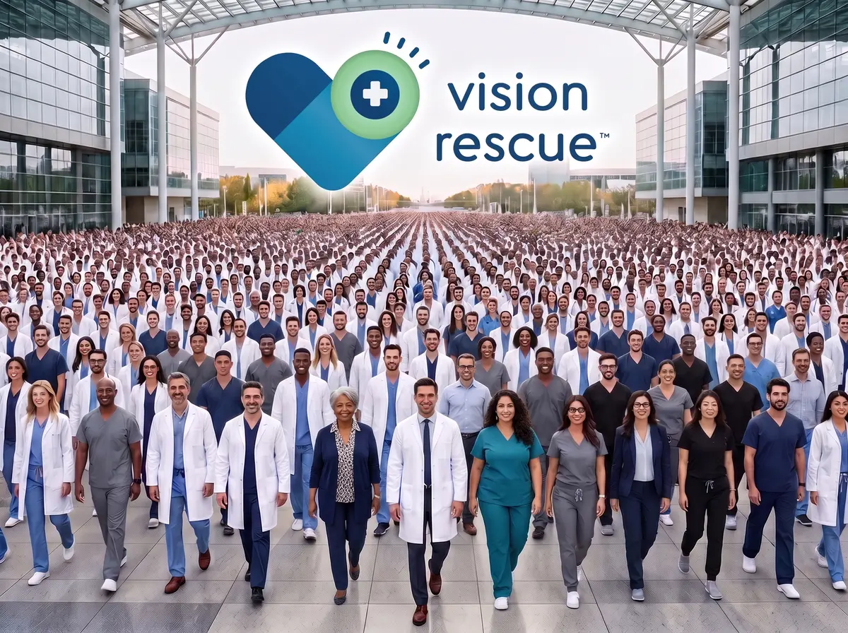 Thousands of eye doctors walking forward together beneath the Vision Rescue logo