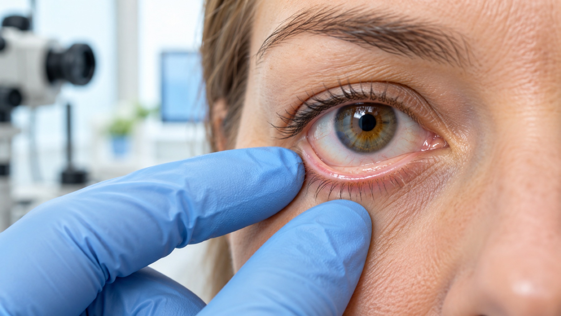Clinician gently pulling down a lower eyelid to show the lid margin