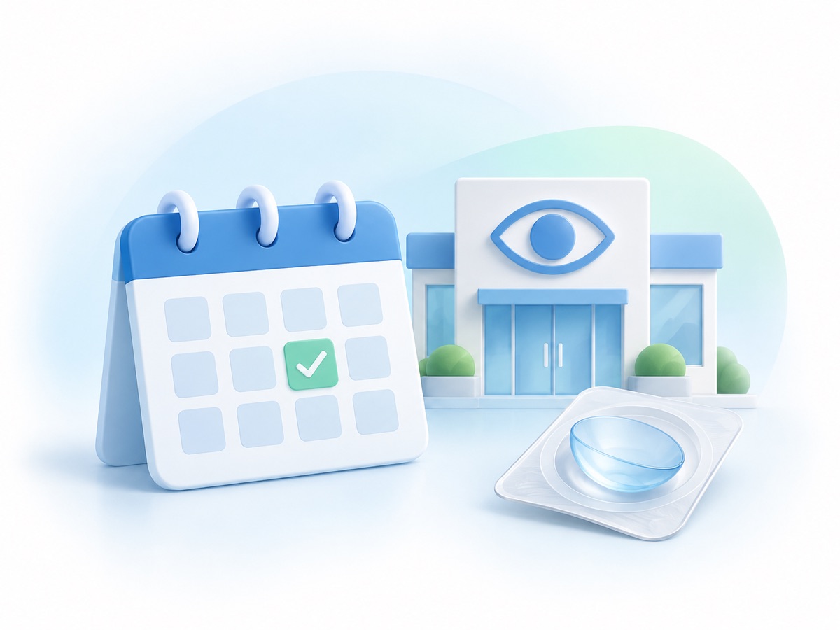 Illustration of a calendar, an eye care office and a contact lens for scheduled follow-up care