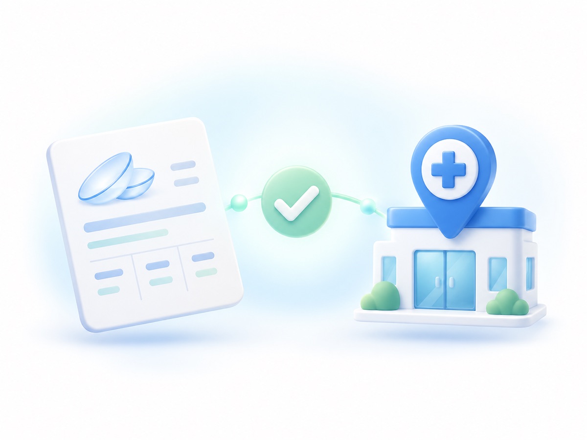 Illustration of a prescription record connected to an eye care practice