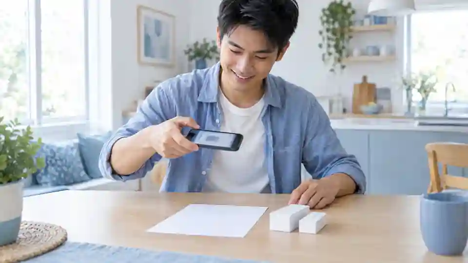 Young man photographing his contact lens prescription with a smartphone at the kitchen table