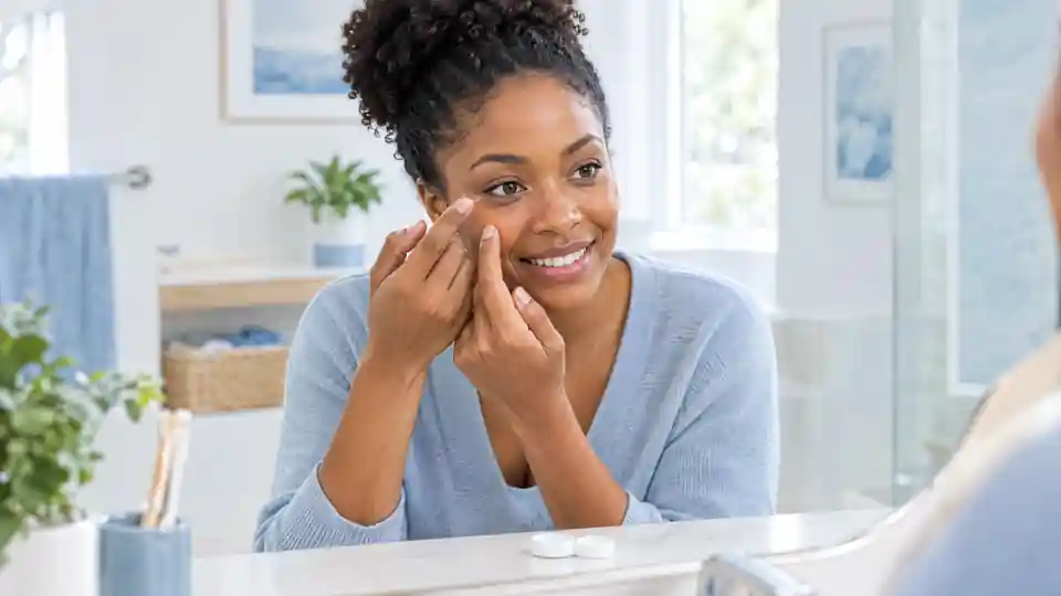 Smiling woman holding a soft contact lens on her fingertip at a bathroom mirror