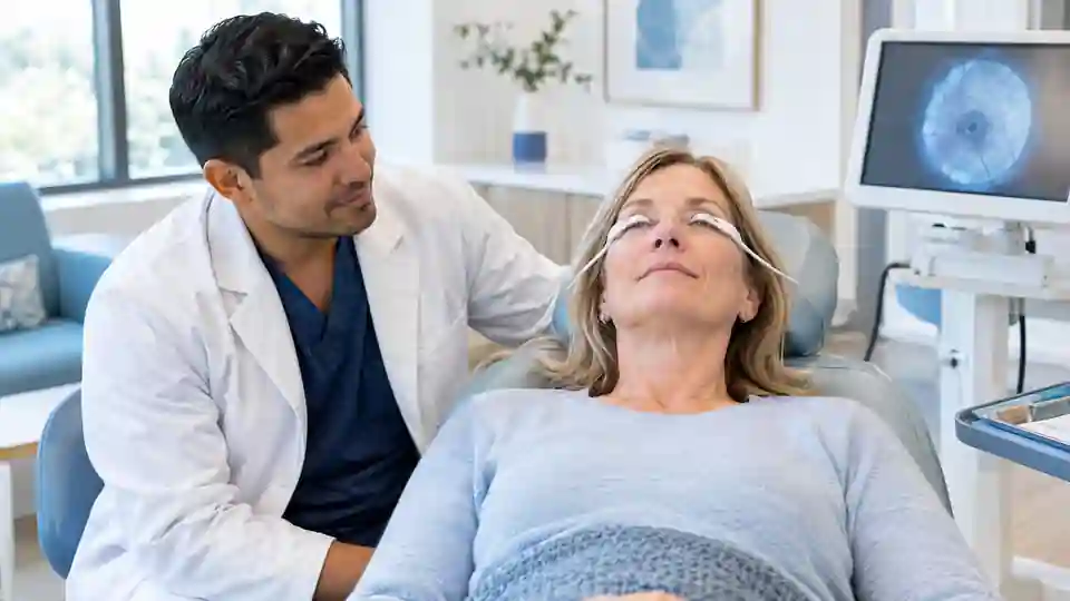 Optometrist checking on a patient during an eyelid warming treatment with her eyes open