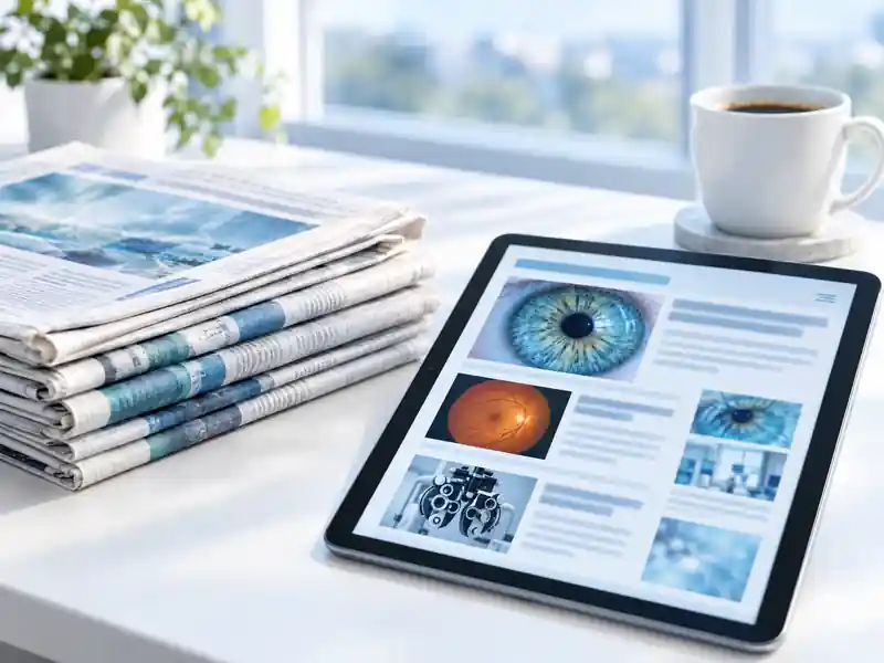 Stack of newspapers beside a tablet showing an eye care news feed with eye and retina images