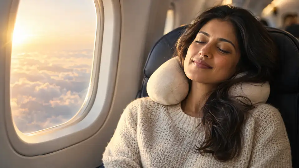 Woman resting her head on a travel pillow by a sunlit airplane window, eyes closed