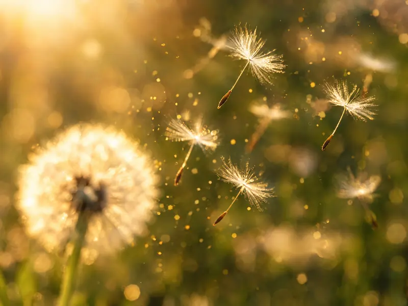 Dandelion seeds drifting in golden backlight