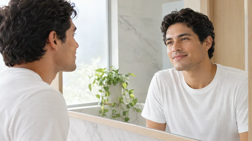 Man in a white T-shirt looking into a bright bathroom mirror in the morning