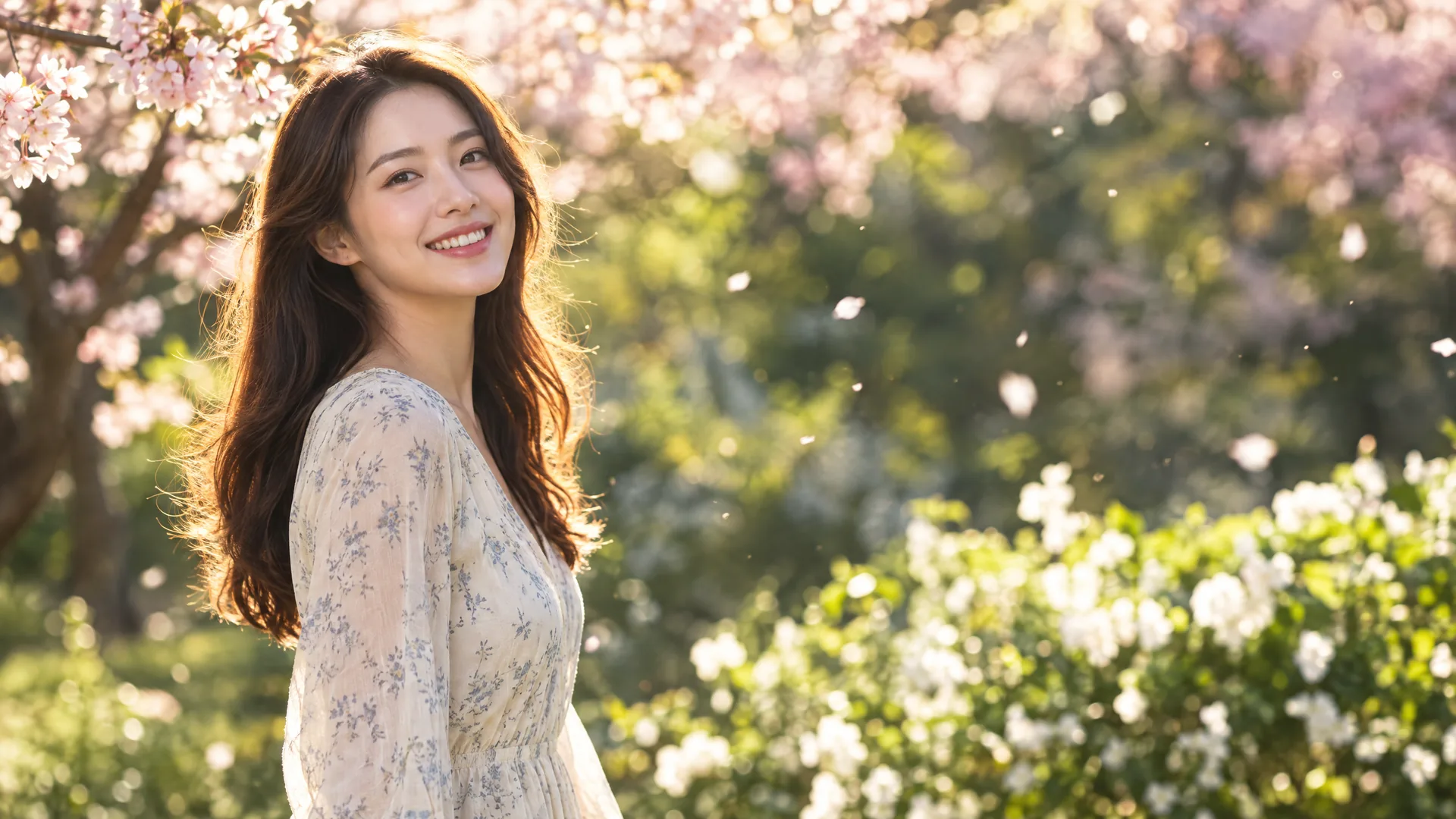 Woman enjoying a spring garden under blooming cherry blossoms