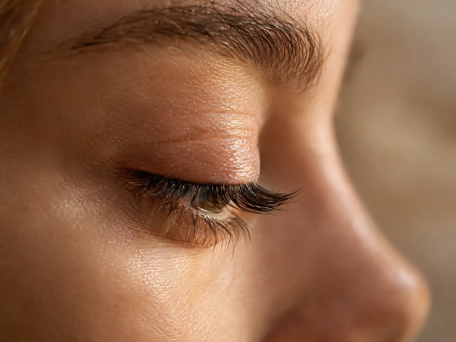 Close-up of a relaxed, natural blink in soft light