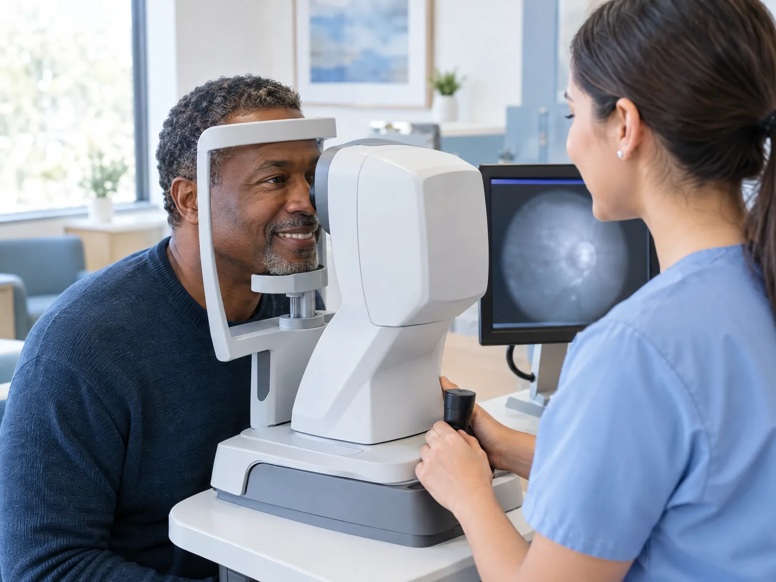 Man resting his chin on an eye scanning instrument while a technician guides the scan