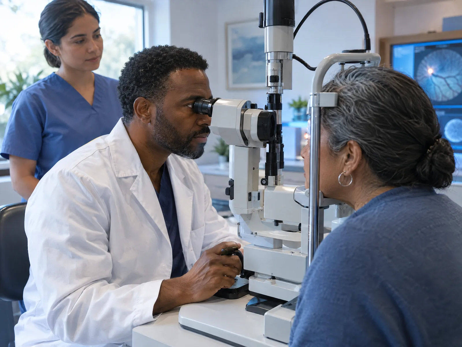 Ophthalmologist performing an in-office laser procedure at the slit lamp