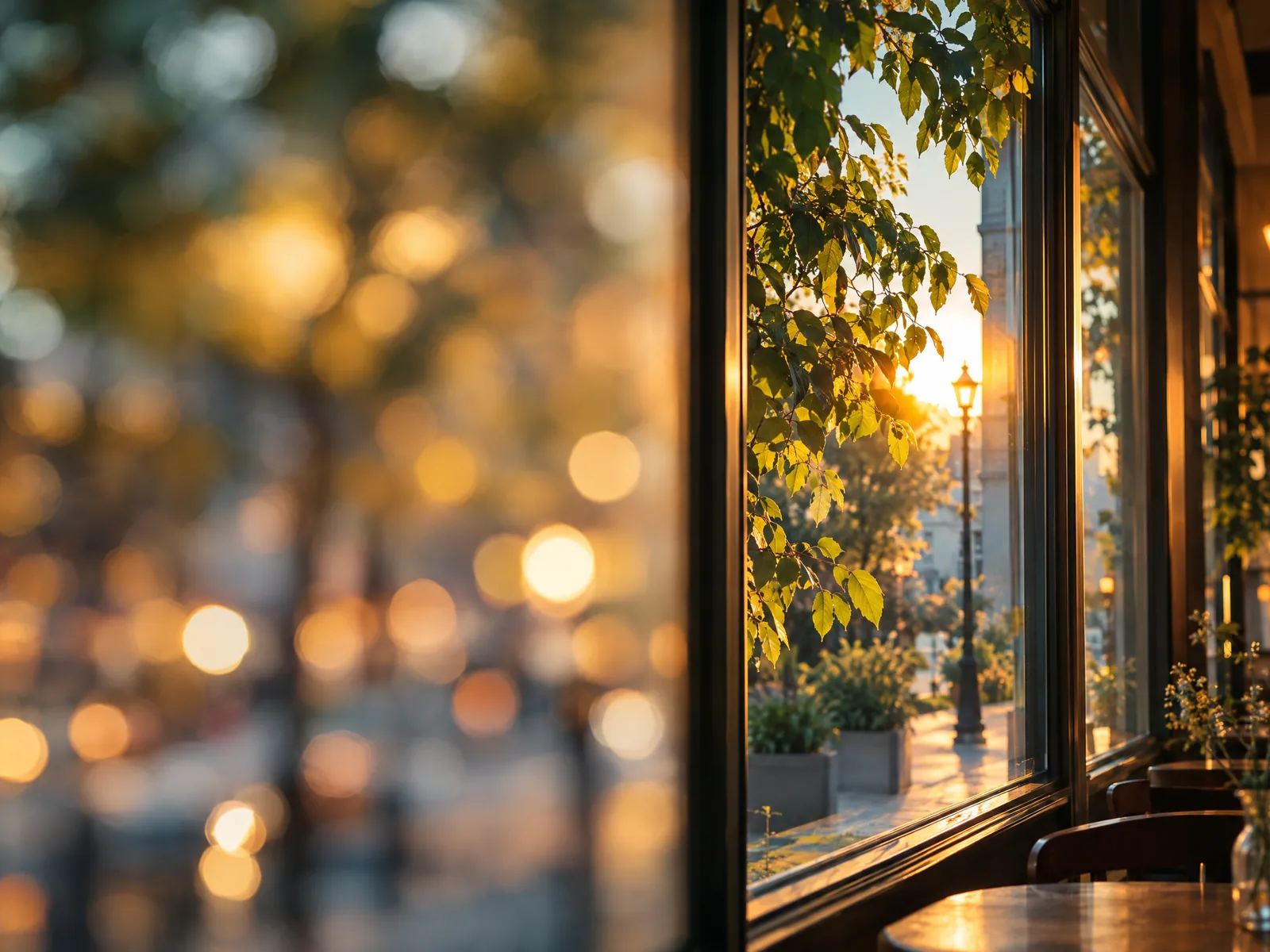 Café window view shifting from soft blur to sharp focus