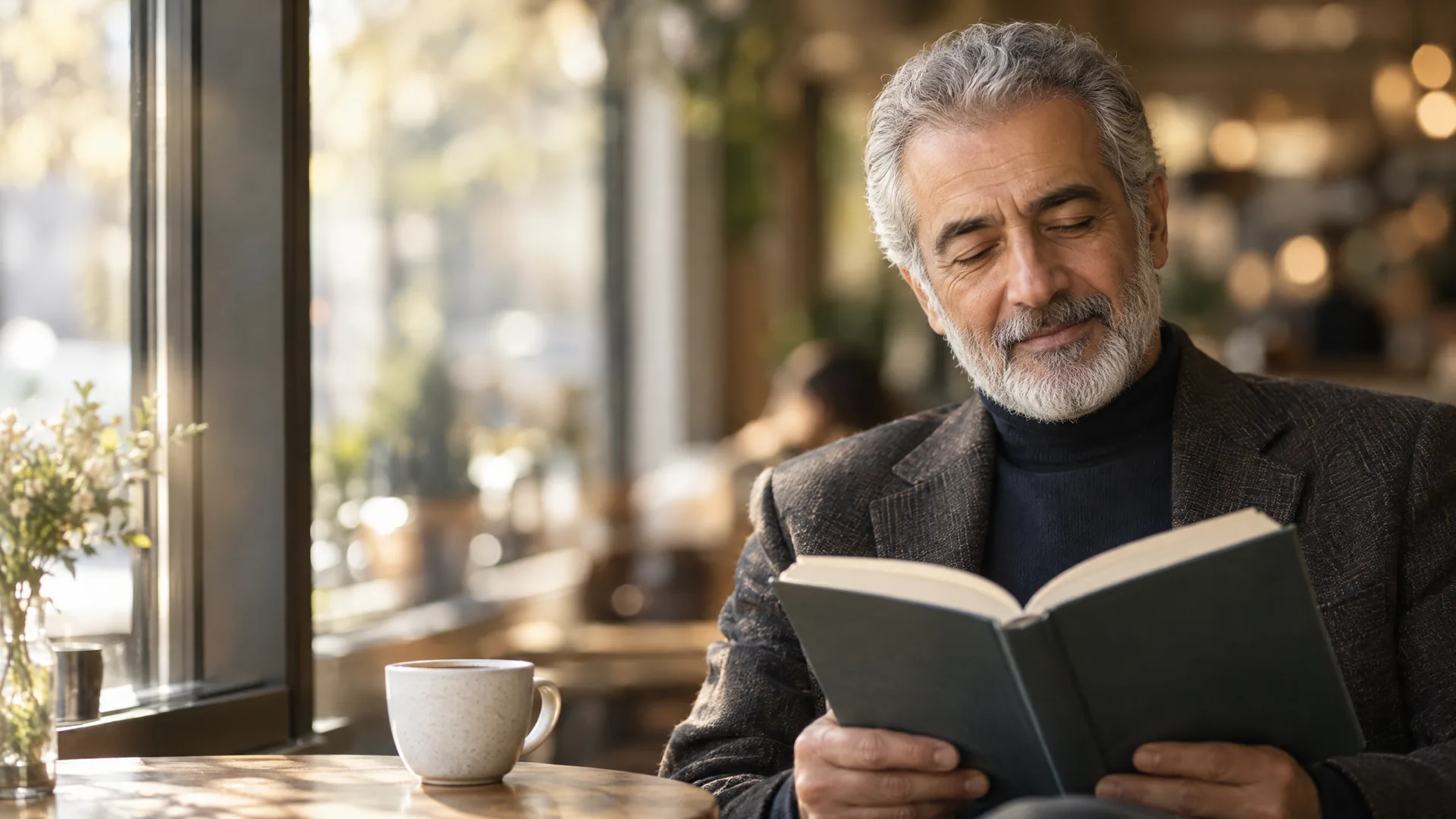 Older man reading at a sunny café table