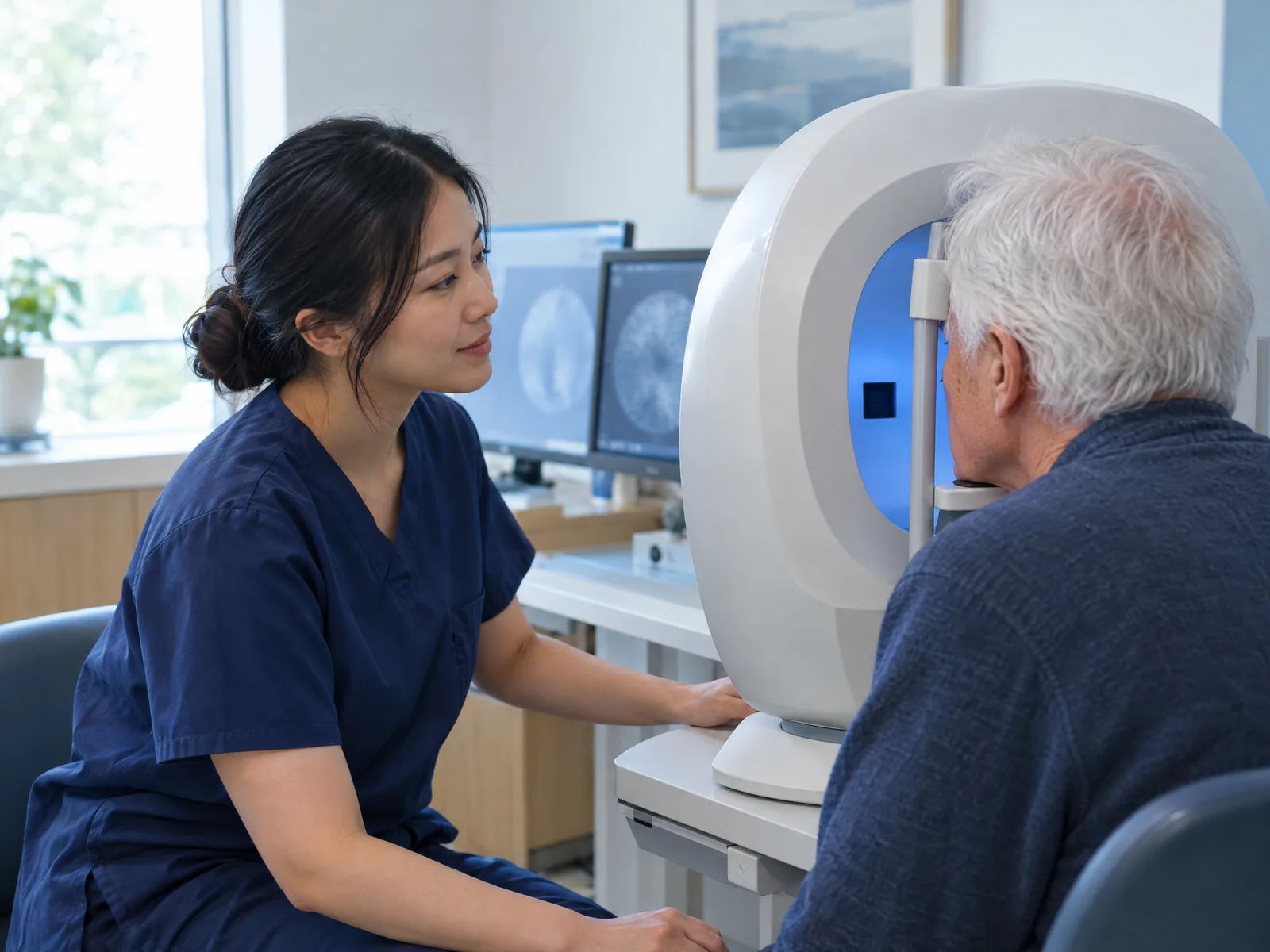 Ophthalmic technician guiding a patient through a visual field test