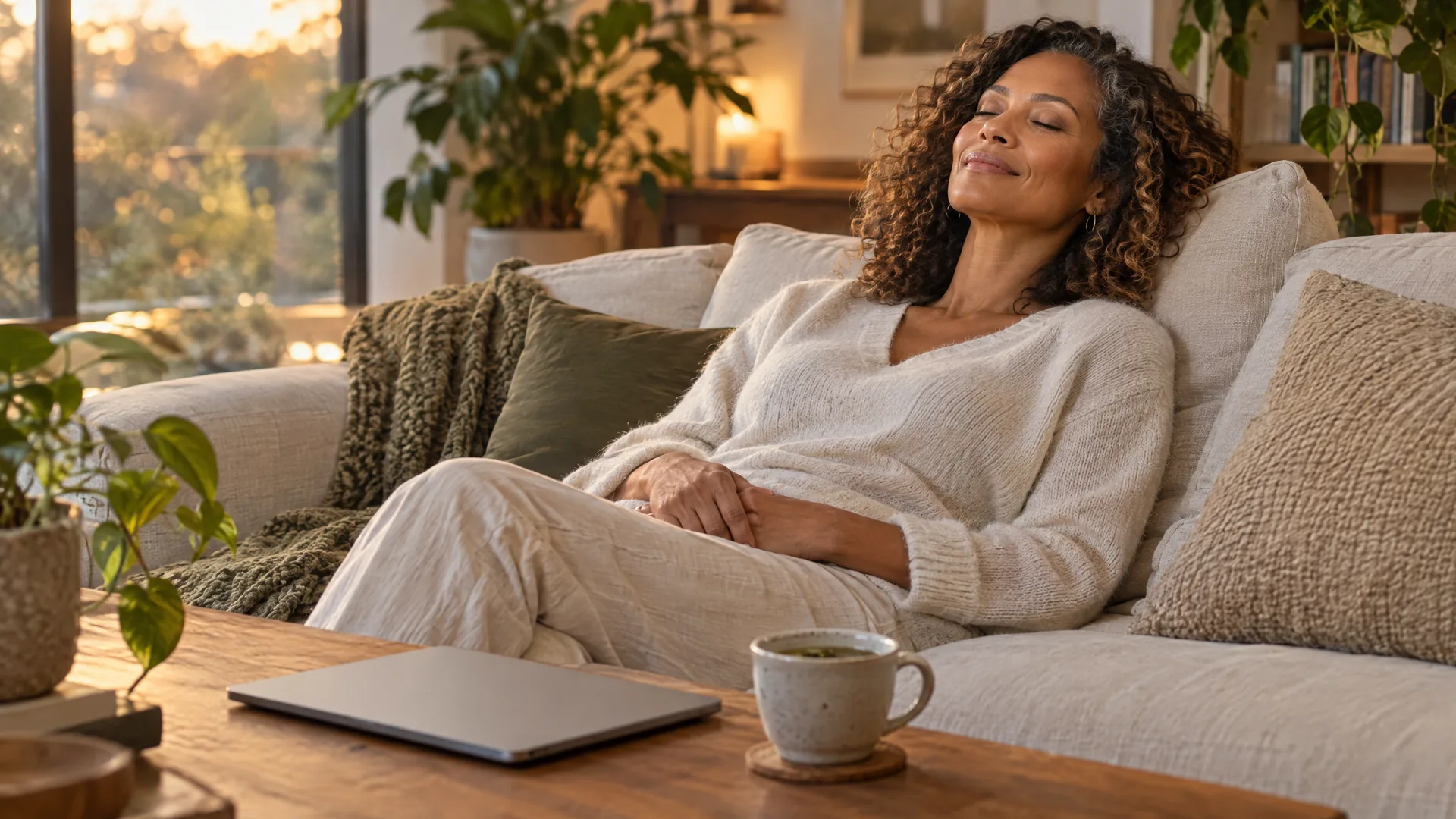 Woman relaxing on a sofa at dusk with her eyes closed