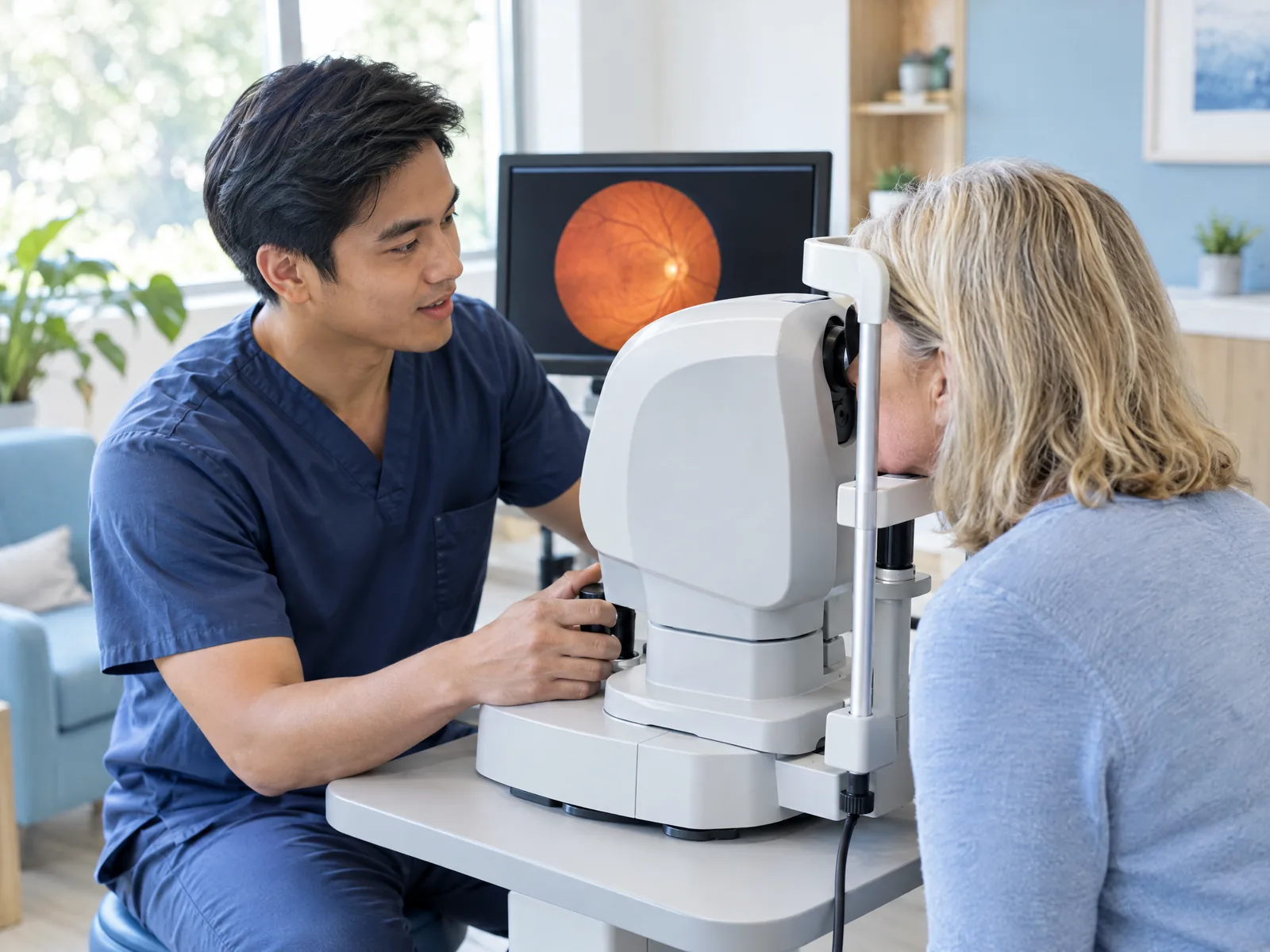 Technician guiding a patient at a retinal imaging camera