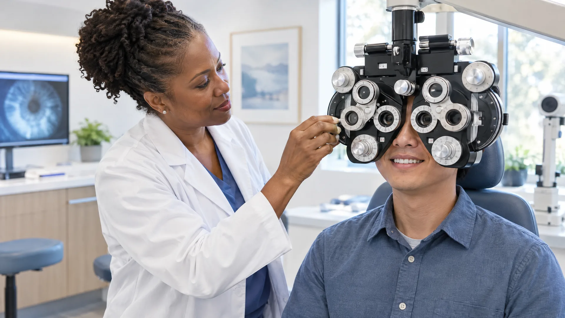 Optometrist adjusting a phoropter during a patient's refraction