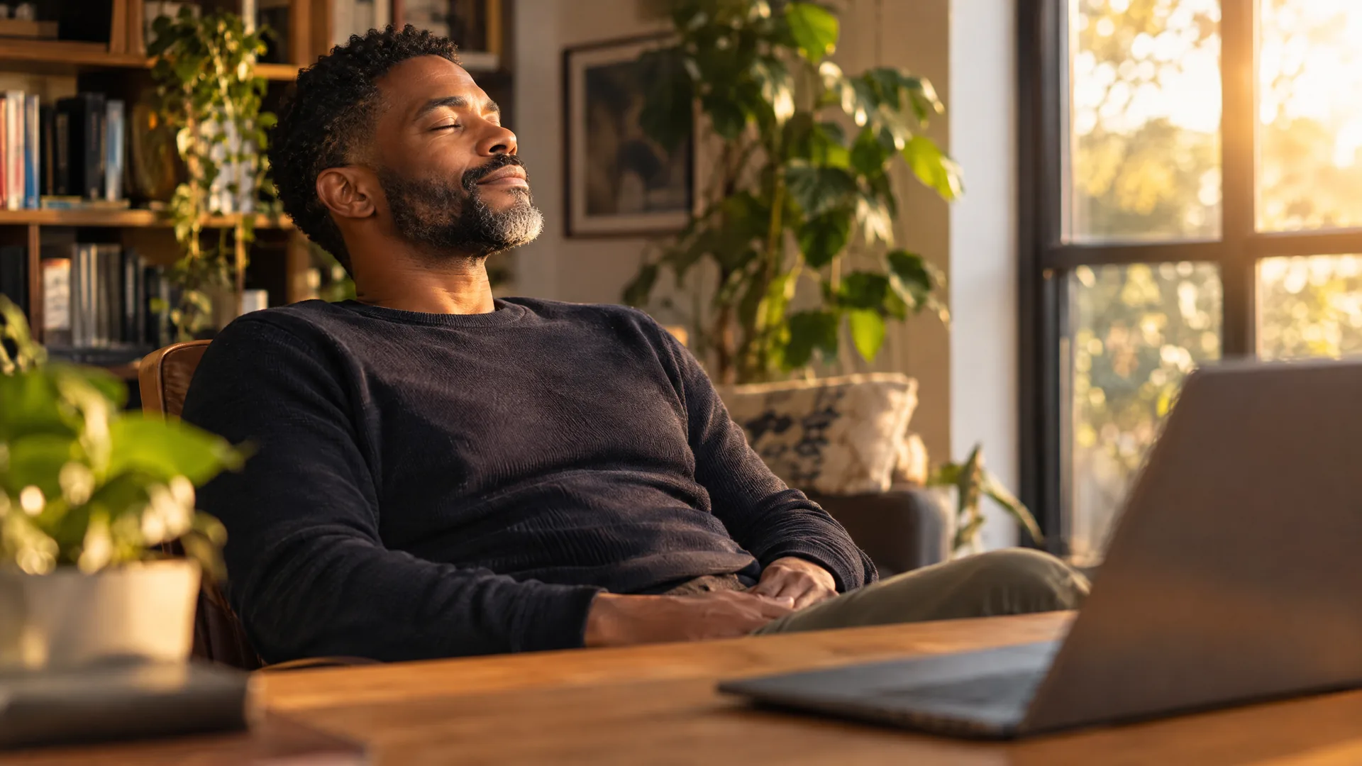 Man leaning back from his laptop to rest his eyes in warm evening light