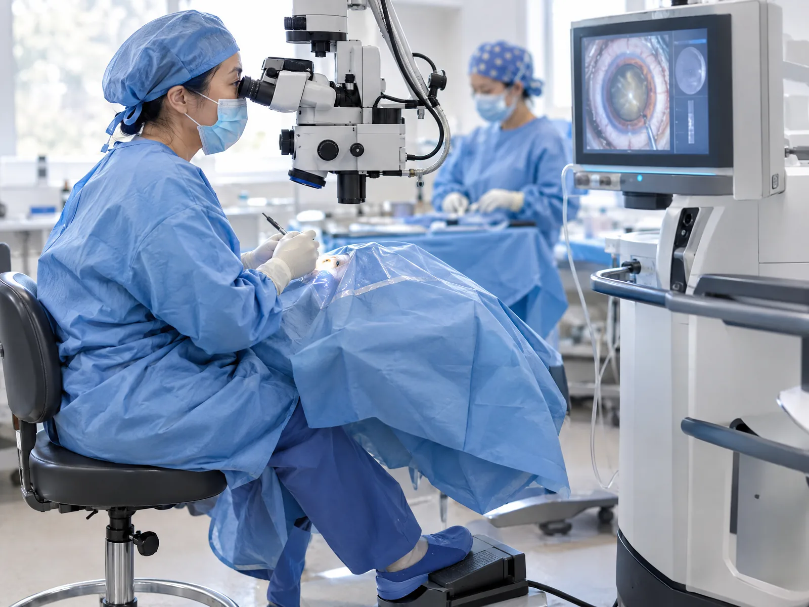 Cataract surgeon operating at a surgical microscope beside a phacoemulsification system