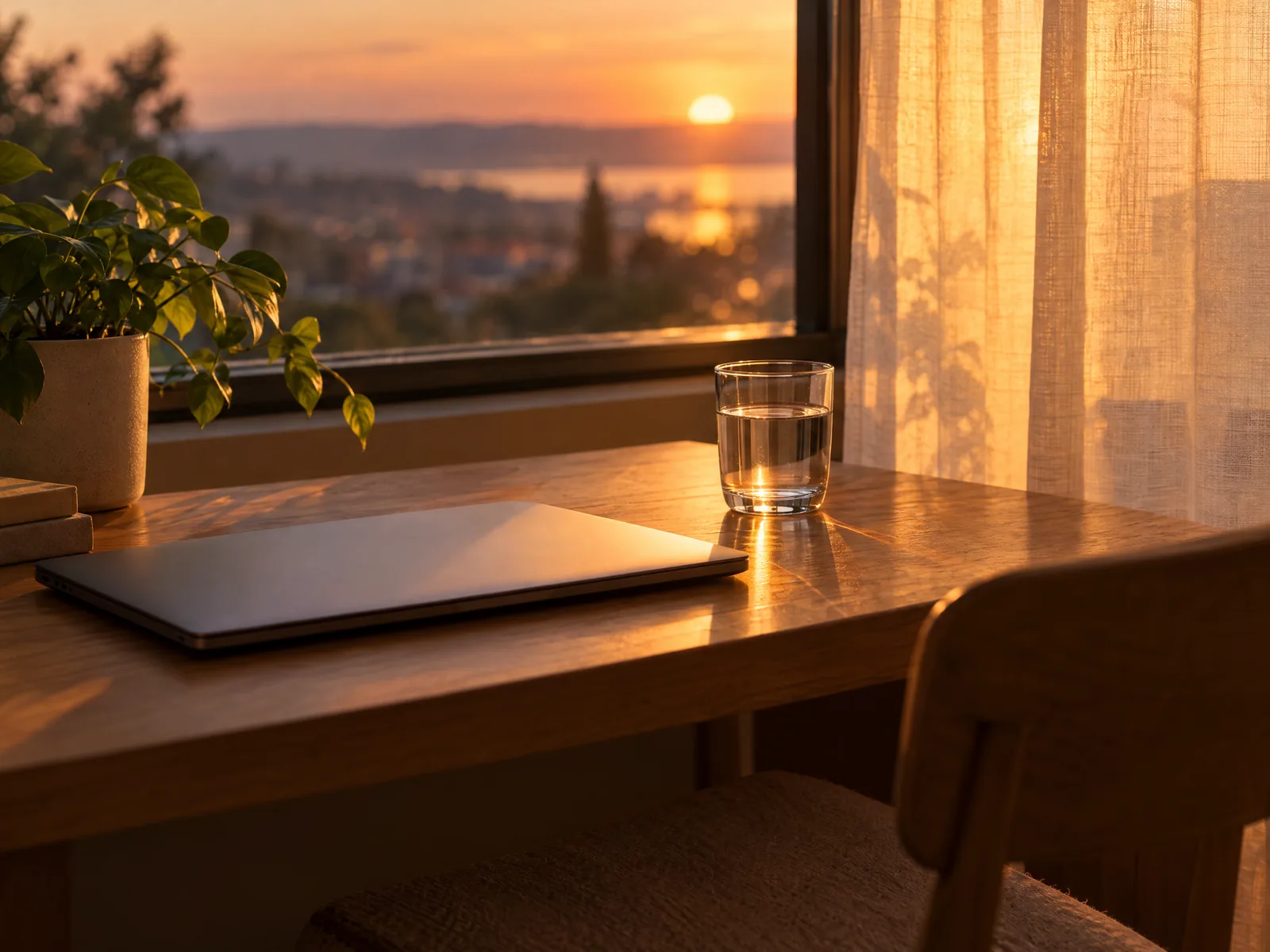 Quiet desk at sunset with a closed laptop and a glass of water