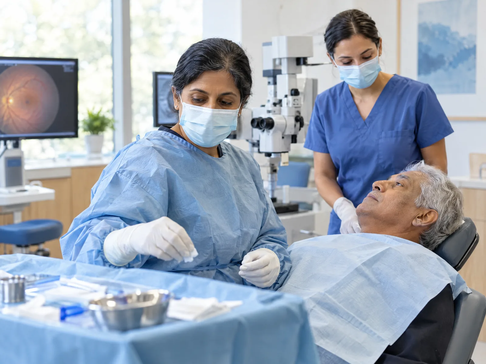 Retina specialist in gloves and mask preparing an eye injection