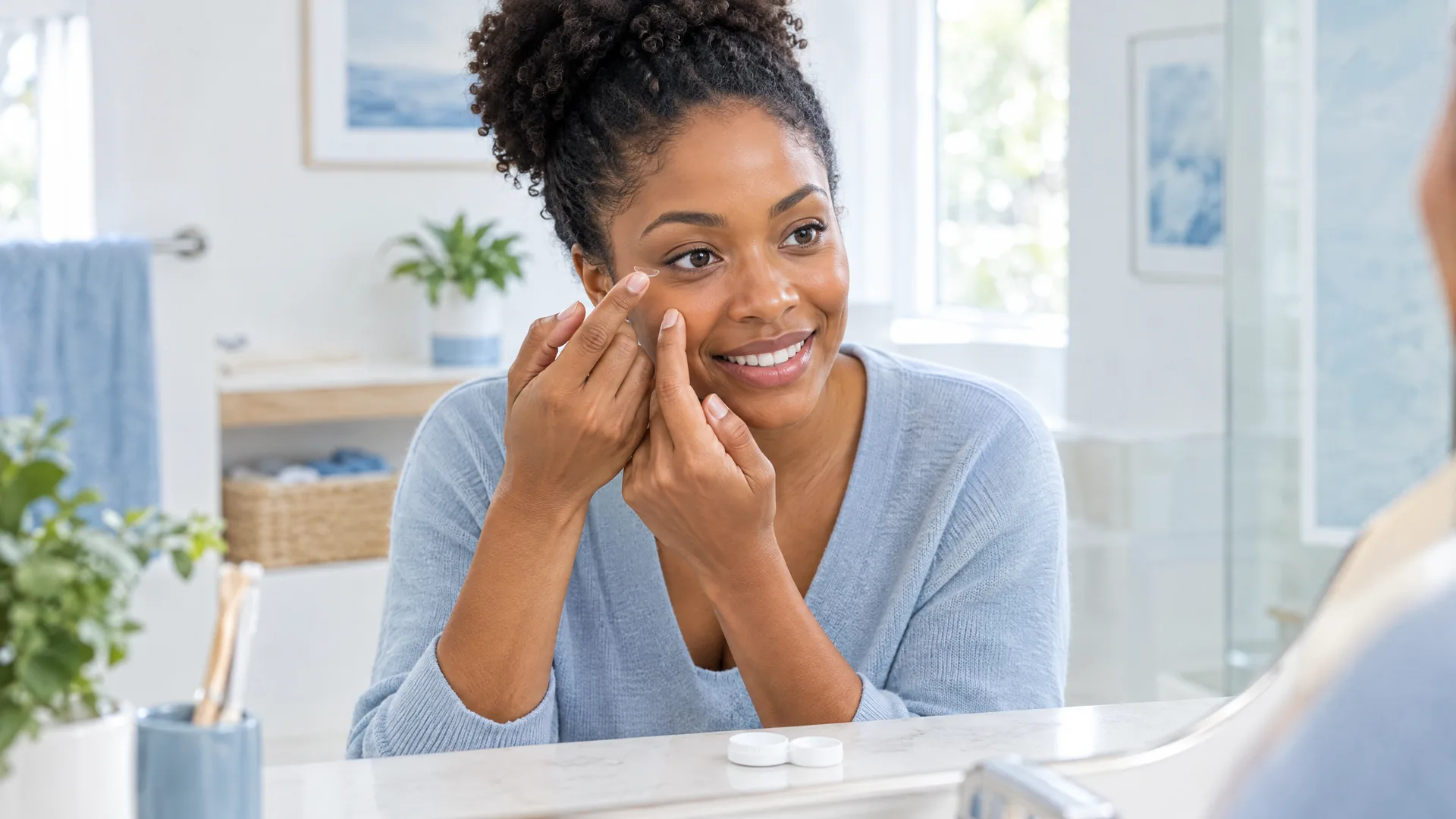 Smiling woman holding a soft contact lens on her fingertip at a bathroom mirror