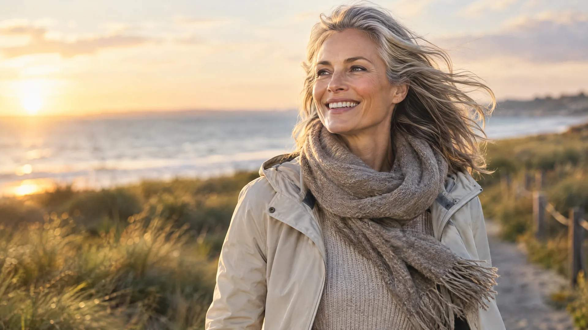 Silver-haired woman in a scarf walking a breezy coastal path