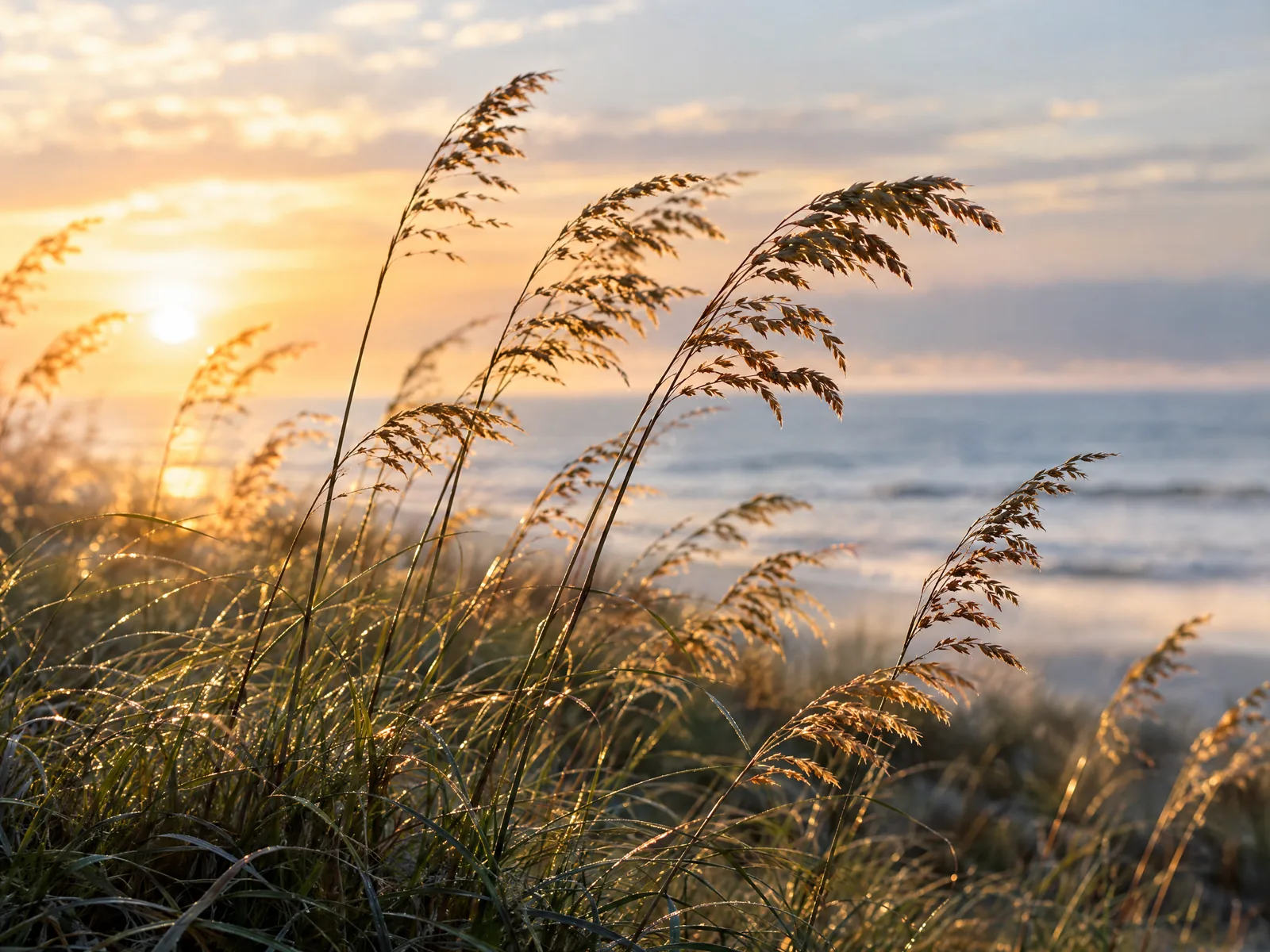 Sea oats bending in the morning breeze above the ocean at sunrise