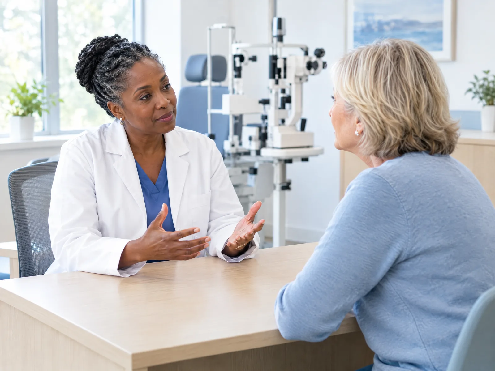 Optometrist discussing dry eye treatment options with a patient across a consultation desk