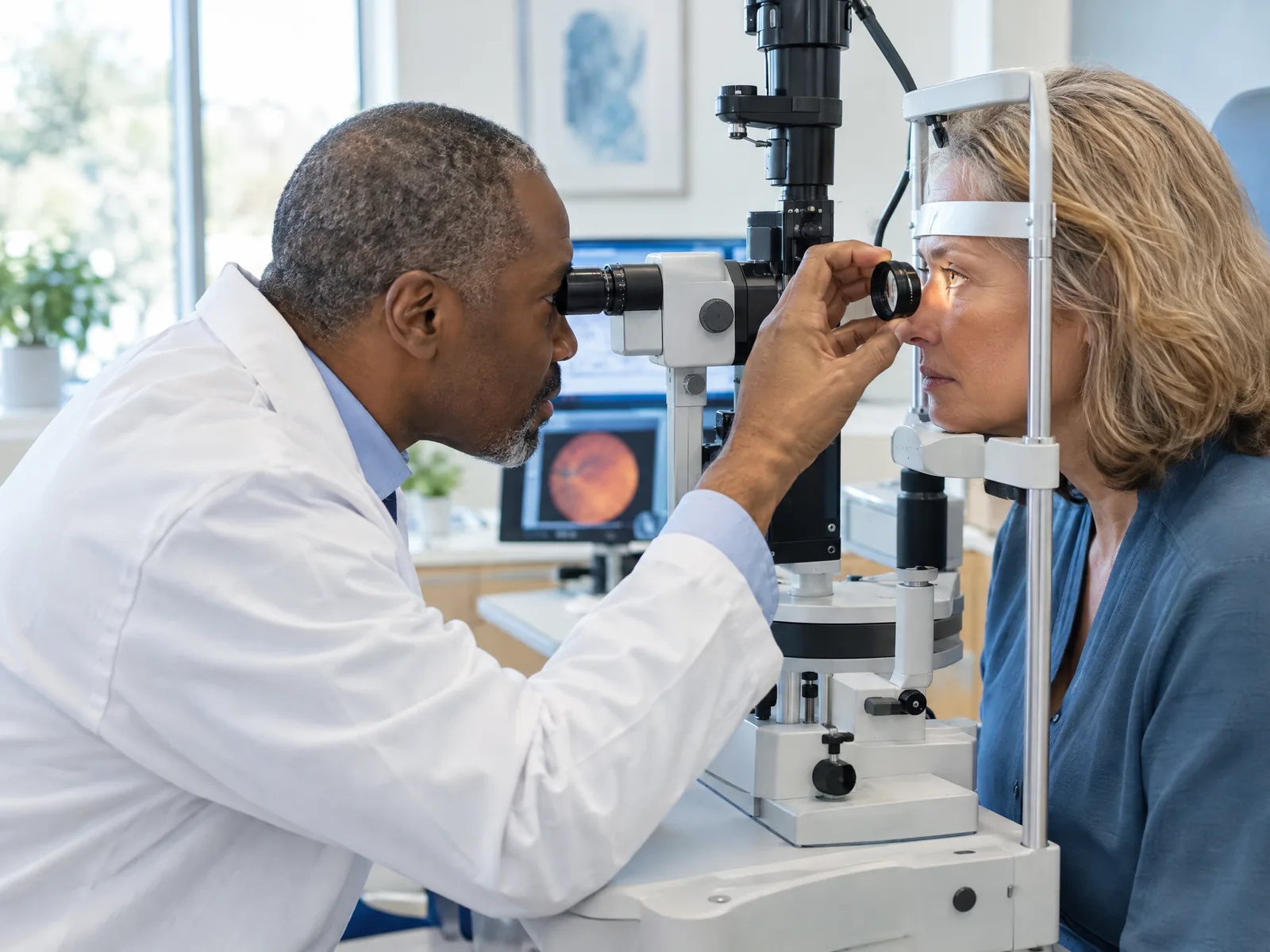 Ophthalmologist doing a dilated exam on a woman at the slit lamp