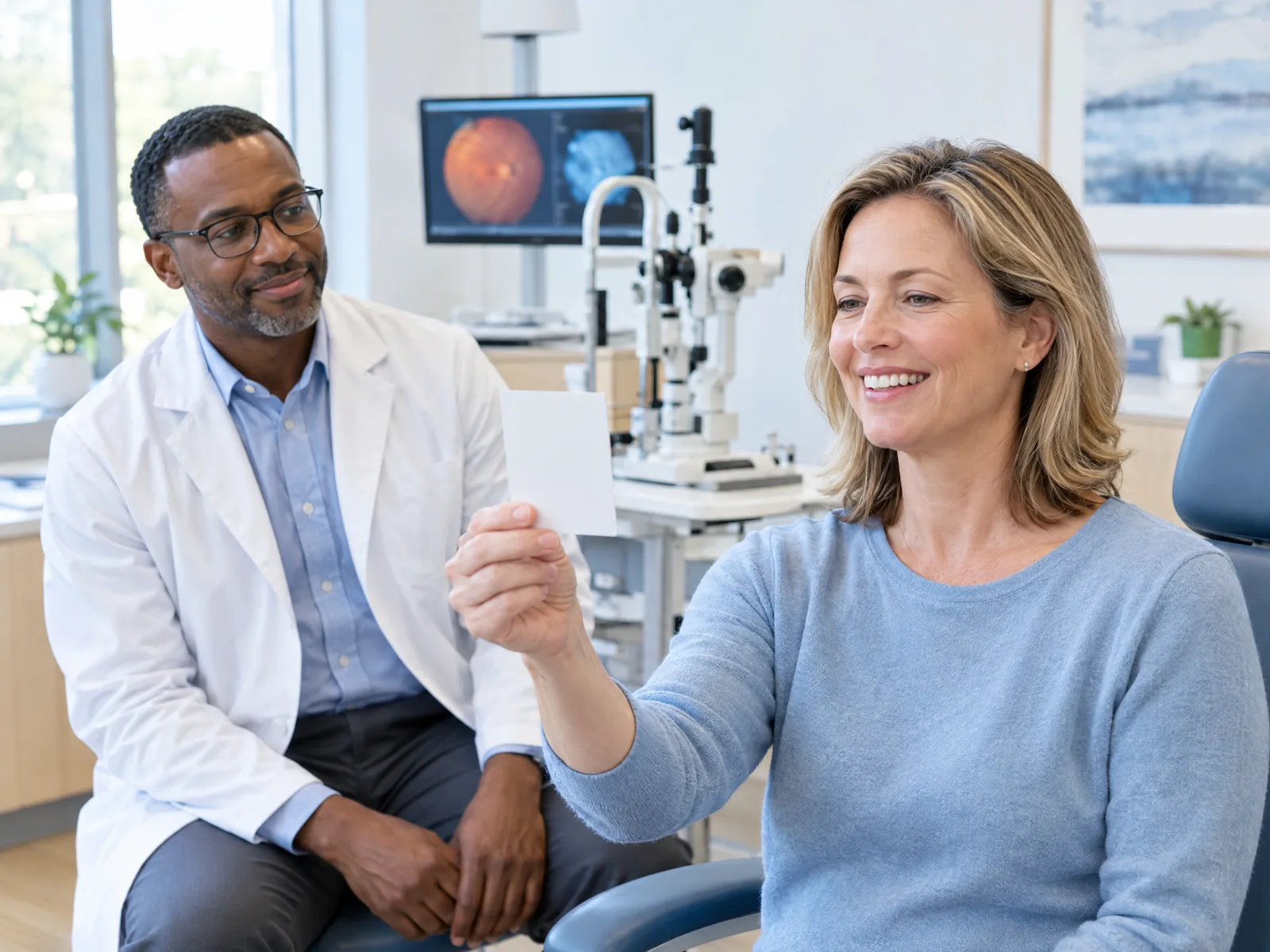 Optometrist watching a patient check her near vision with a blank card during a presbyopia exam