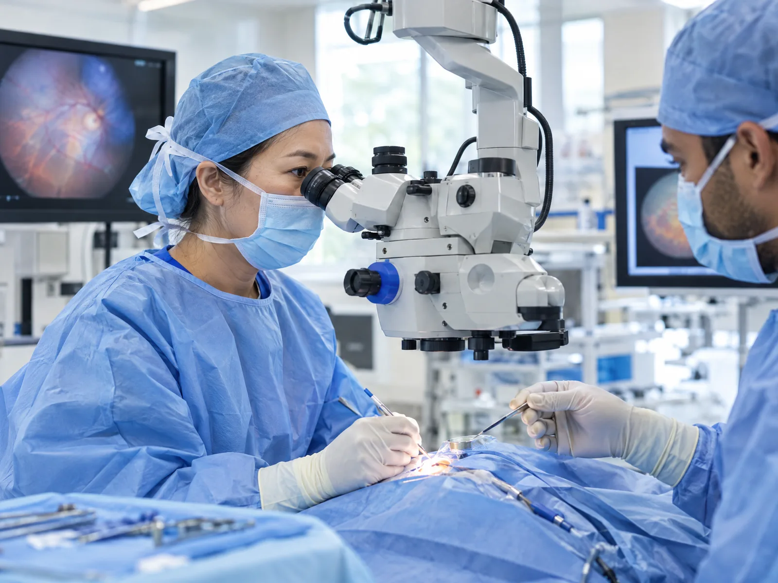 Retina surgeon operating at a surgical microscope with an assistant in a bright operating room