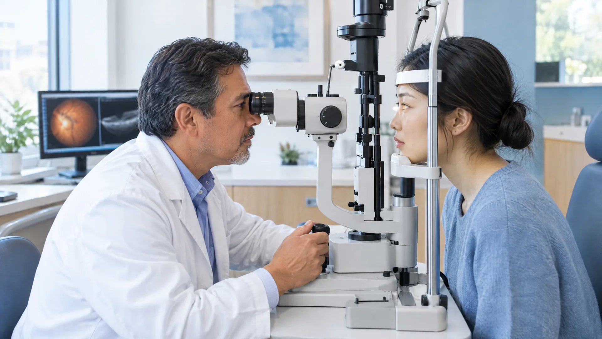 Ophthalmologist examining a patient at the slit lamp