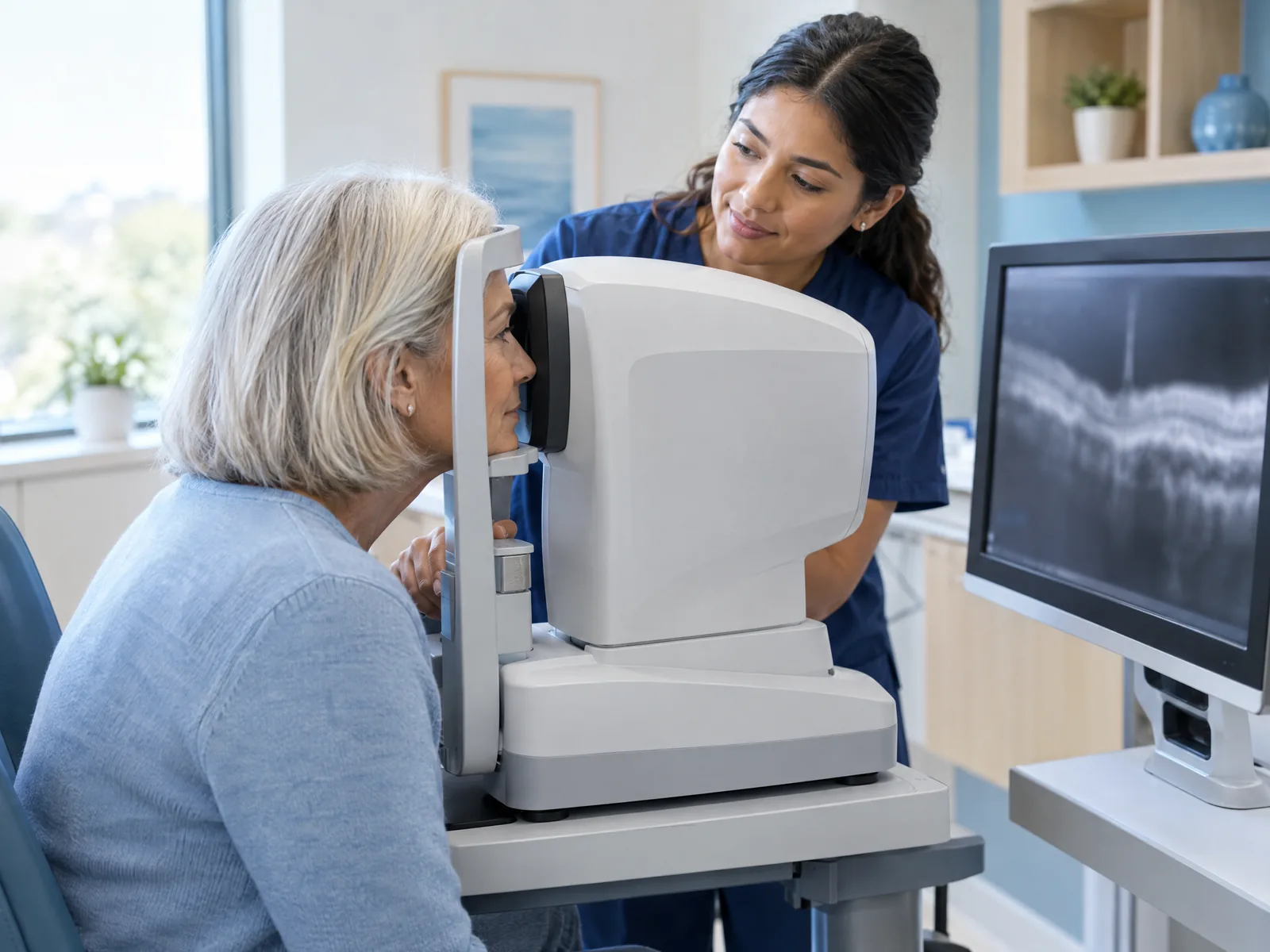 Technician checking a retina scan on a monitor as an older woman sits at the scanner