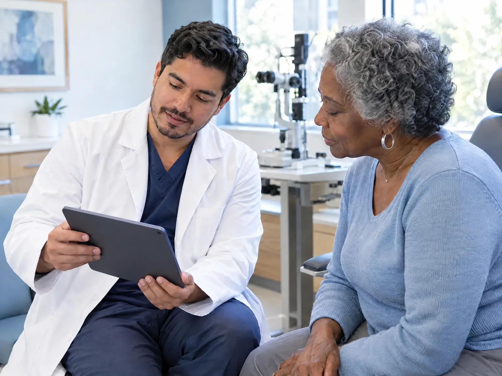 Ophthalmologist showing an older woman abstract eye imaging on a tablet while discussing treatment options